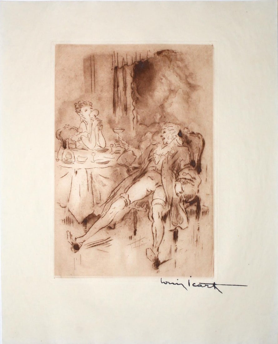 Louis Icart - A Glass of Wine: Artist: Louis Icart Title: A Glass of Wine Year: 1946 Dimensions: 11in. by 8.5in. Edition: From the rare limited edition of 125 Publisher: Claude Prosper de Crebillon Suite: La Nuit et le Moment
