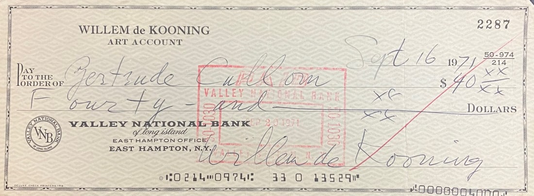 Willem De Kooning - Signed Check from Willem de Kooning 7: Artist: Willem De Kooning Title: Signed Check from Willem de Kooning 7 Year: 1971 Dimensions: 8in. by 2 3/4in. Medium: Paper check with artist signature Condition: Excellent Signature Details: