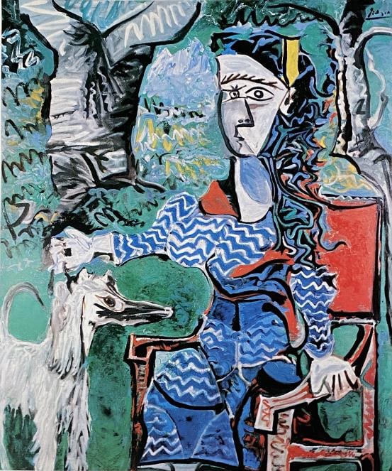 Pablo Picasso - Woman with Dog (After): Artist: Pablo Picasso Title: Woman with Dog Year: 1964 Dimensions: 8in. by 10in. Edition: From the Rare Limited Edition of 150 Publisher: Editions Cercle d'Art Paris Suite: Les Dames de Mougins