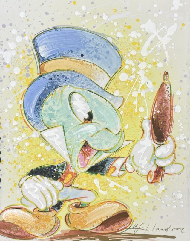 David Willardson - Jiminy Cricket: Artist: David Willardson Title: Jiminy Cricket Dimensions: 10 1/2in. by 15 1/4in. Edition: Numbered from the rare limited of edition of 25 Medium: Original Hand Embellished Serigraph on Deckle Edged