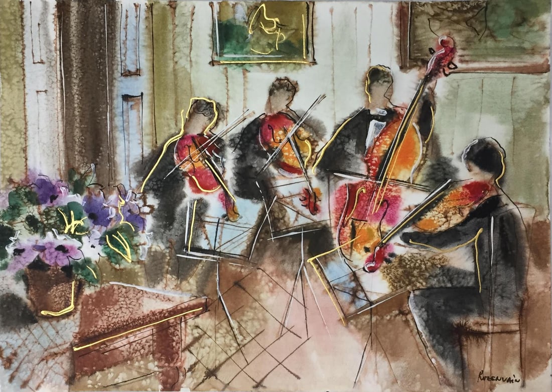 Micheal Rozenvain - Musicians: Artist: Micheal Rozenvain Title: Musicians Dimensions: 27 1/2in. by 19 3/4in. Weight: 0 Edition: Original One of a Kind Artwork Medium: Watercolor on Paper Condition: Excellent Signature Details: