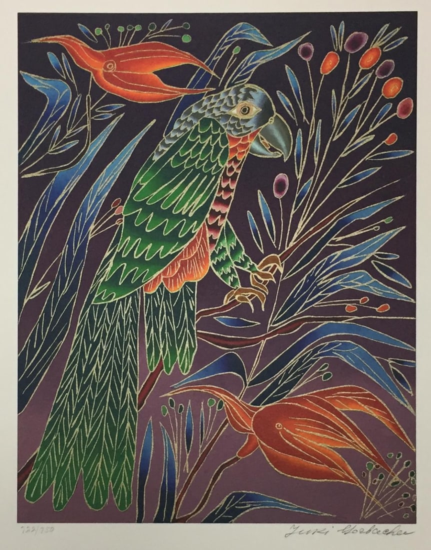 Yuri Gorbachev - Green Parrot on Red Flower: Artist: Yuri Gorbachev Title: Green Parrot on Red Flower Year: 1996 Dimensions: 18in. by 14 1/2in. Weight: 0 Edition: From the Rare Limited Edition of 750 Publisher: Adrienne Editions Galerie