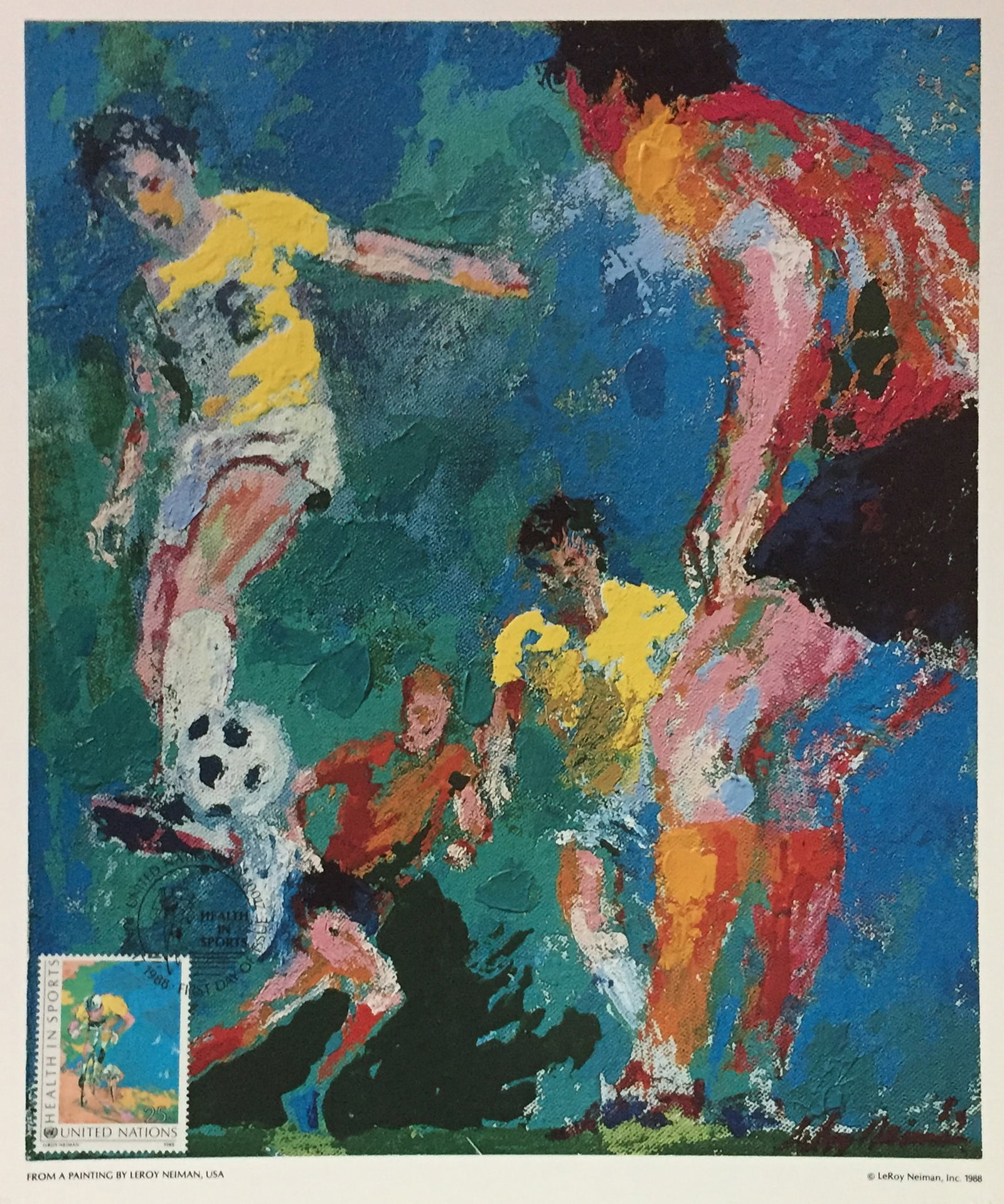 LeRoy Neiman - Health in Sports (Soccer): Artist: LeRoy Neiman Title: Health in Sports (Soccer/Football) Year: 1988 Dimensions: 9 1/4in. by 11 1/2in. Edition: From the Rare Limited Edition of 750 Publisher: World Federation of United Nations