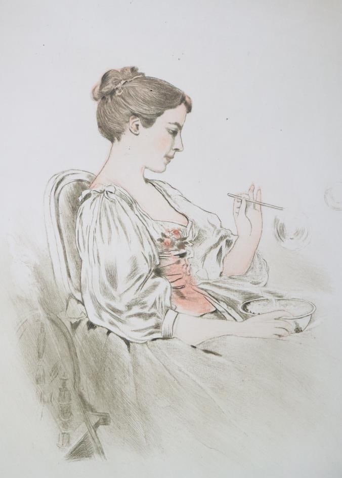 CH Chaplin - Les Bulles De Savon: Artist: CH Chaplin Title: Les Bulles De Savon Year: 1904 Dimensions: 9 3/8in. by 12 3/8in. Edition: From the rare limited edition Publisher: L'Atelier d'Art Suite: Leau Forte Medium: Original Etching
