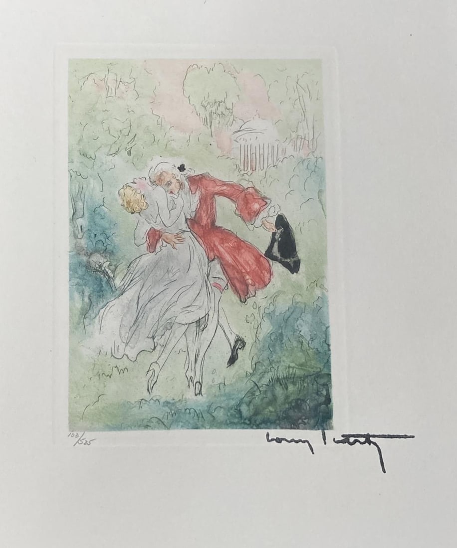 Louis Icart - Garden Kiss: Artist: Louis Icart Title: Garden Kiss Year: 1946 Dimensions: 11in. by 8.5in. Edition: From the rare limited edition of 125 Publisher: Claude Prosper de Crebillon Suite: La Nuit et le Moment Medium: