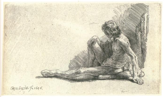 Rembrandt van Rijn (after) - Nude Man Sitting on the Ground: Artist: Rembrandt van Rijn (after) Title: Nude Man Sitting on the Ground Year: 1880 Dimensions: 12 1/2in. by 17 1/4in. Edition: From the rare limited edition of 360 Suite: The Work of Rembrandt Blanc
