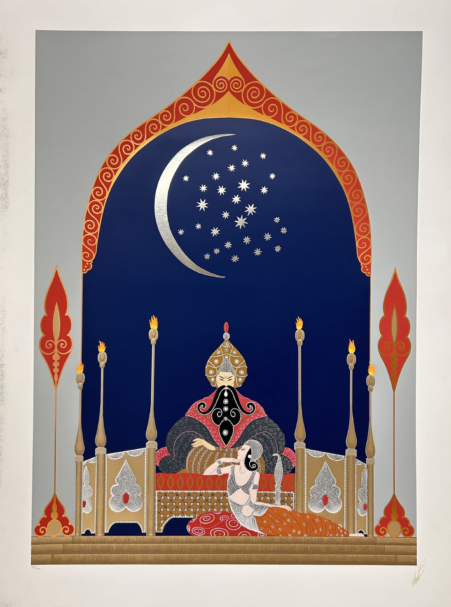 Erte - Casbah: Artist: Erte Title: Casbah Year: 1989 Dimensions: 41 x 30 1/2 in. Edition: 231 from the limited edition of 300 Publisher: Chalk & Vermilion Fine Arts Medium: Embossed serigraph with foil stamping on