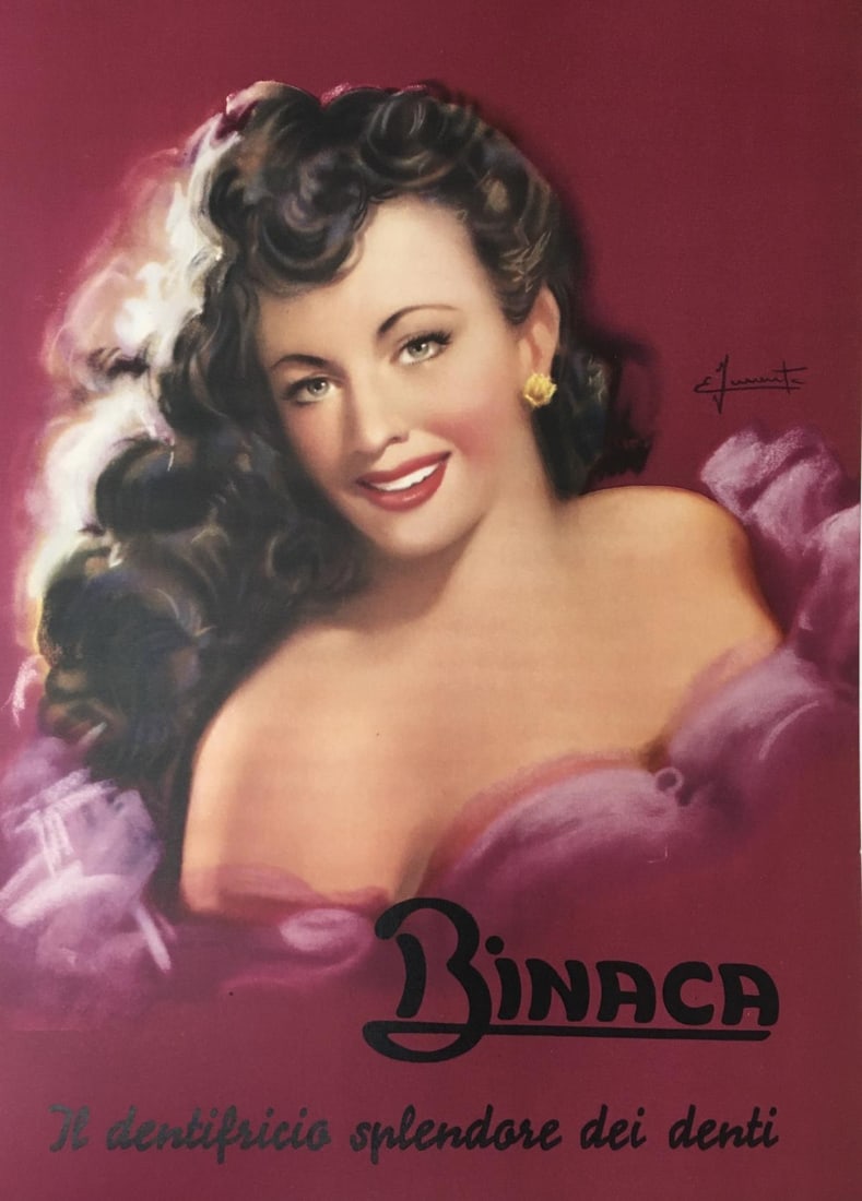 Vintage Poster - Binaca Italian Toothpaste Ad: Artist: Vintage Poster Title: Binaca Italian Toothpaste Ad Dimensions: 15 1/2in. by 21in. Edition: From the rare limited edition Medium: Original lithograph on paper Fixed to Linen Condition: As