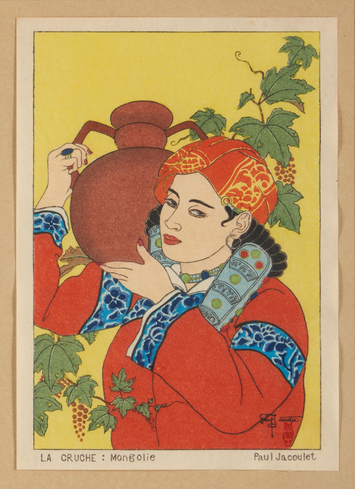 Paul Jacoulet - jaliut and La Cruche: Mongolie: Artist: Paul Jacoulet Title: jaliut and La Cruche: Mongolie Dimensions: 6 1/4 x 4 3/8 in. Medium: Orignal color woodcut on paper Condition: Excellent Signature Details: Hand signed and stamped Notes: