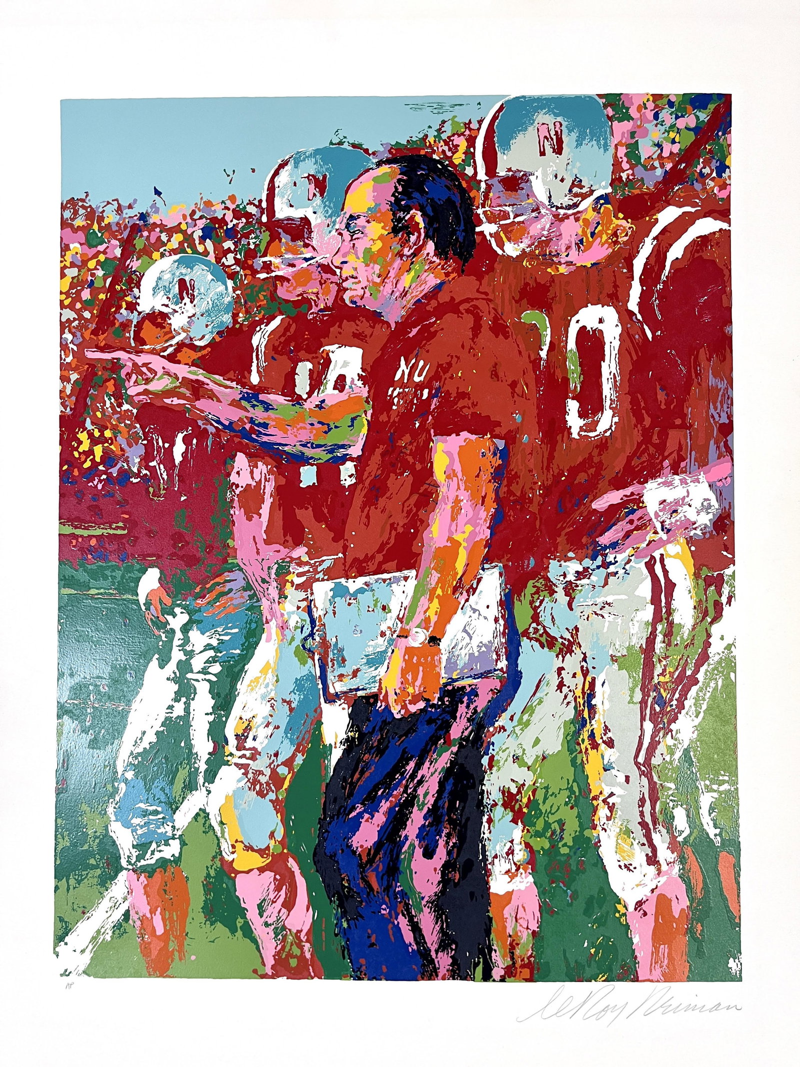 Leroy Neiman - Caoch Devaney Football: Artist: Leroy Neiman Title: Caoch Devaney Year: 1974 Dimensions: 26in. by 32.5in. Edition: Numbered from the Rare Deluxe AP Limited Edition Suite: Nebraska Medium: Serigraph in Colors on Paper