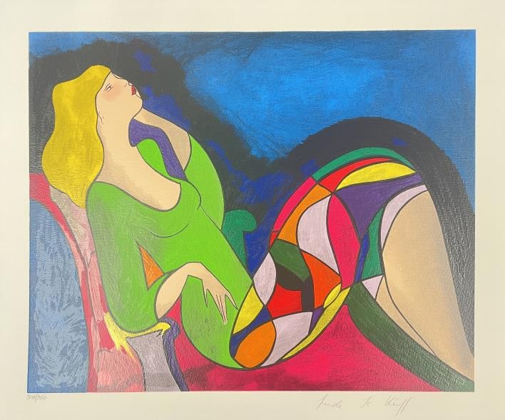 Linda Le Kiniff - Untitled (Woman Reclining): Artist: Linda Le Kiniff Title: Untitled (Woman Reclining) Dimensions: 17 1/2in. by 14 1/2in. Edition: From the rare limited edition of 350 Medium: Original Serigraph in colors on Paper Condition: