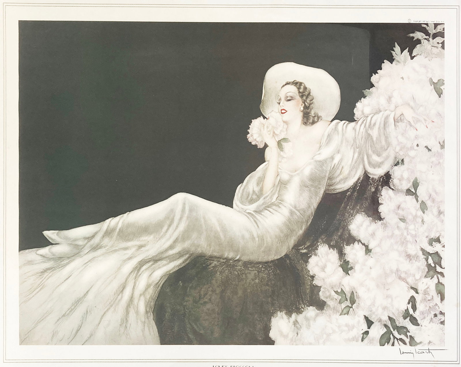 Louis Icart - Loves Blossom: Artist: Louis Icart Title: Loves Blossom Year: 1937 Dimensions: 28.5in. by 20in. Edition: From the rare limited edition Medium: Lithograph on paper Condition: Excellent Signature Details: Signed in