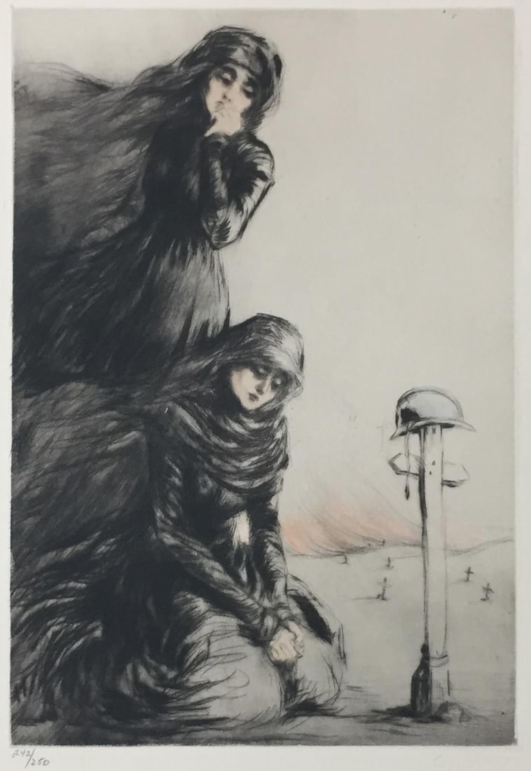 Louis Icart - The War Widow: Artist: Louis Icart Title: The War Widow Year: c. 1917 Dimensions: 12 1/4in. by 17 3/4in. Edition: From the Rare Limited Edition of 250 Suite: Chronicles of Women Medium: Original etching with hand