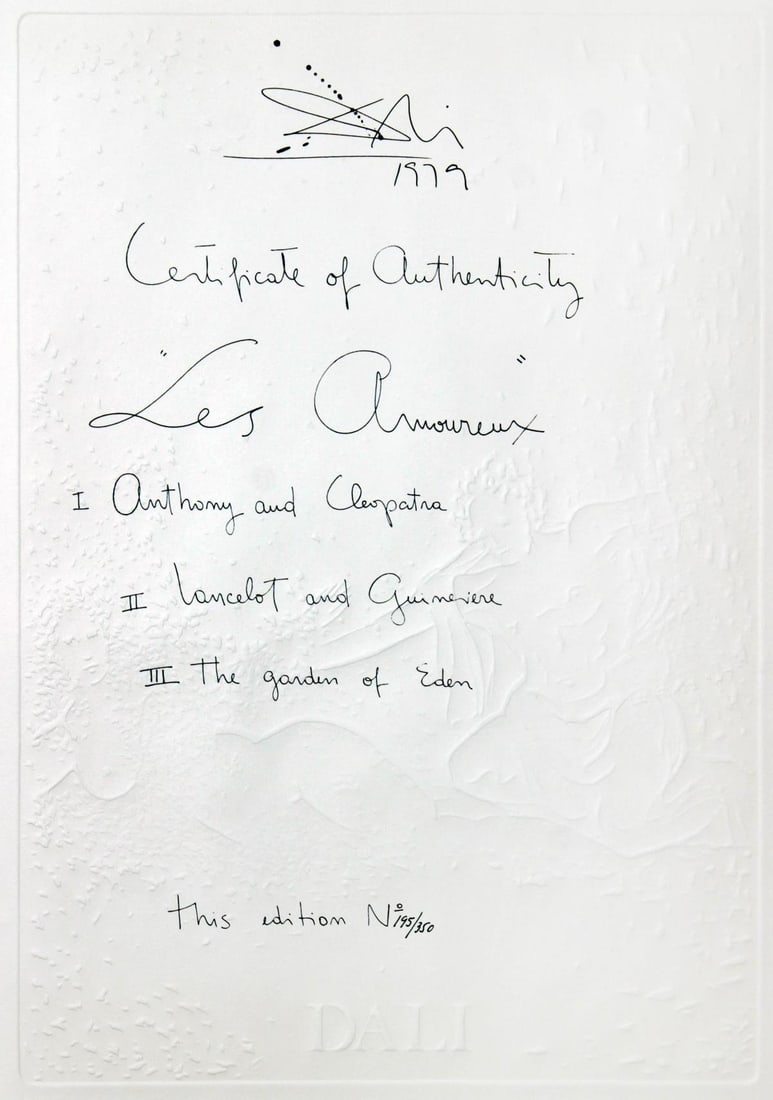 Salvador Dali - Les Amoreaux Cover Sheet: Artist: Salvador Dali Title: Les Amoreaux Cover Sheet Year: 1979 Dimensions: 29.5in. by 21.5in. Edition: from the limited edition of 350 Medium: Original lithograph with embossing on paper Condition: