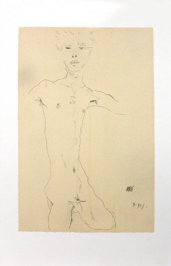 Egon Schiele (After) - Standing Male Nude: Artist: Egon Schiele (After) Title: Standing Male Nude Year: 2007 Dimensions: 12 5/8in. by 19 5/8in. Edition: From the rare limited edition Publisher: Editions