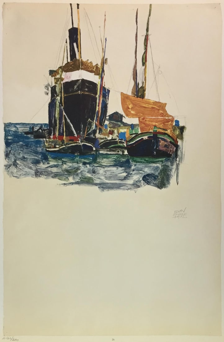 Egon Schiele (After) - Boats at Trieste: Artist: Egon Schiele (After) Title: Boats at Trieste Year: 1969 Dimensions: 19 3/4in. by 14 1/4in. Edition: From the Rare Limited Edition of 300 Publisher: Harry N. Abrams Inc. Suite: Watercolours