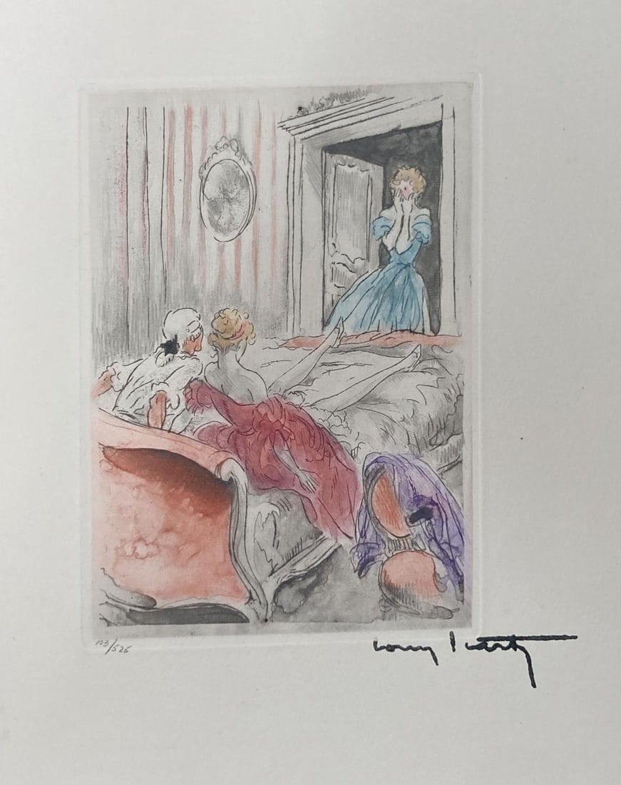 Louis Icart - What a Suprise: Artist: Louis Icart Title: What a Suprise Year: 1946 Dimensions: 11in. by 8.5in. Edition: From the rare limited edition of 125 Publisher: Claude Prosper de Crebillon Suite: La Nuit et le Moment