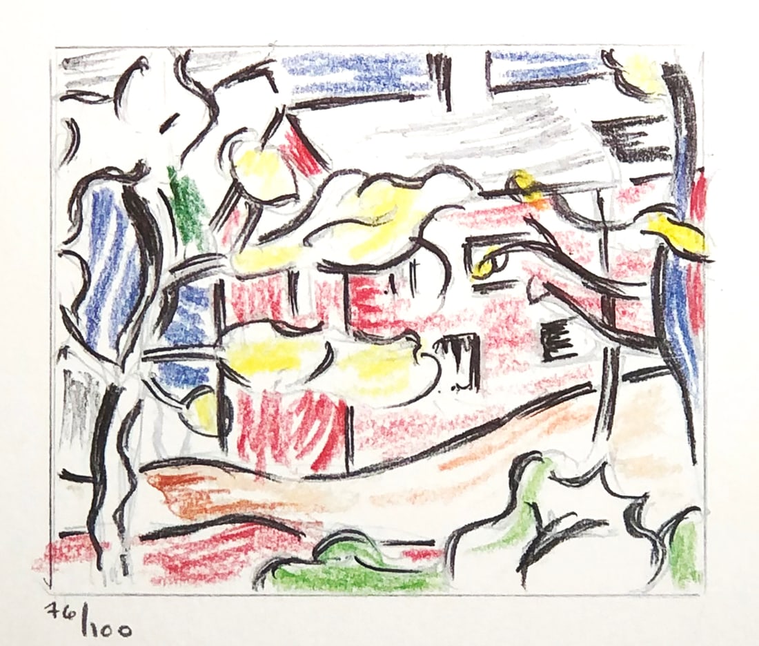 Roy Lichtenstein - Red Barn Through the Trees: Artist: Roy Lichtenstein Title: Red Barn Through the Trees Year: 1986 Dimensions: 10.25in. by 7.5in. Edition: From the rare limited edition of 100 Publisher: Harry N. Abrams New York Suite: Landscape