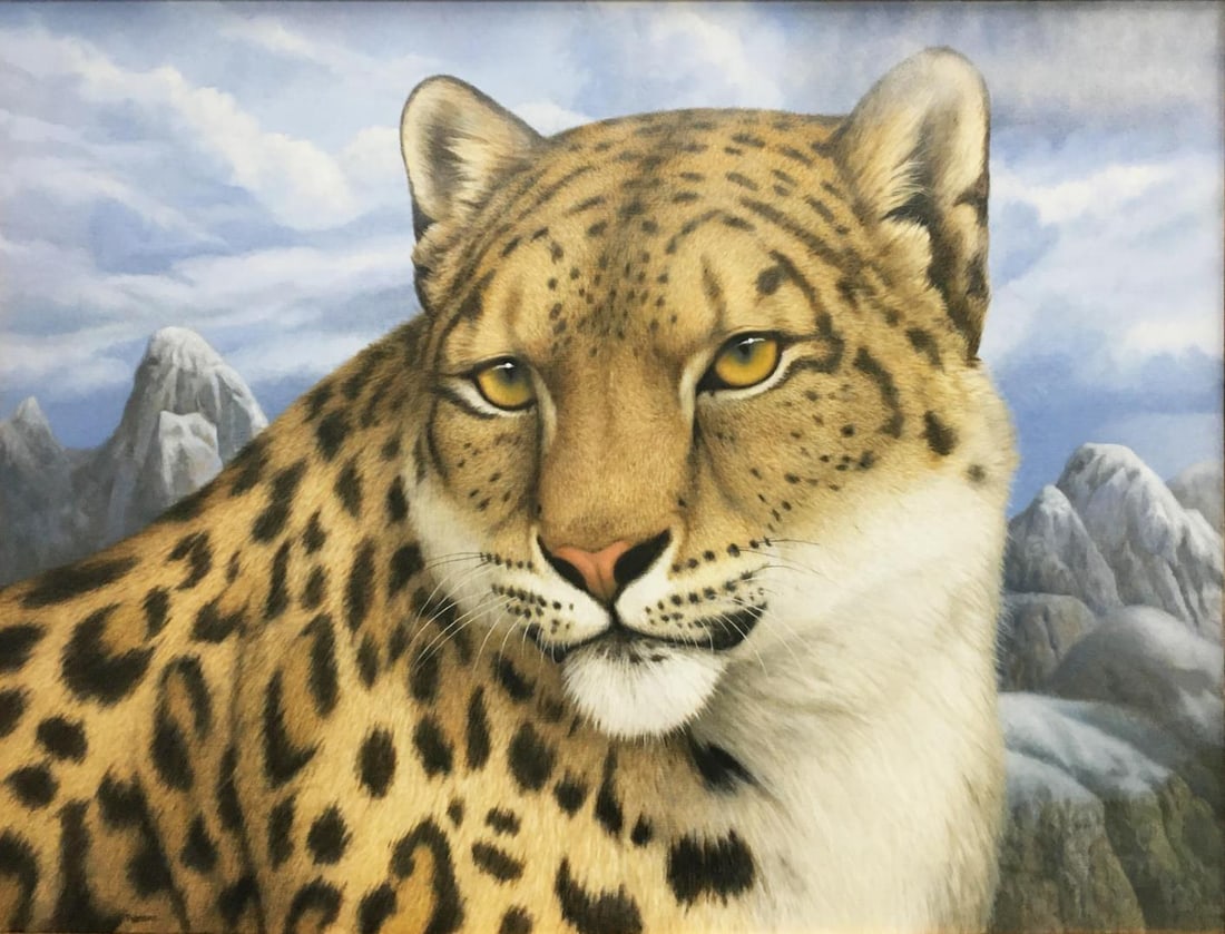 Tom Palmore - Snow leopard: Artist: Tom Palmore Title: Snow leopard Dimensions: 39 1/2in. by 29 3/4in. Edition: Rare unique one-of-a-kind painting Medium: Oil painting on canvas Condition: