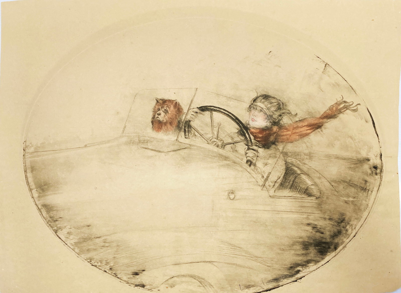 Louis Icart - Motorcar: Artist: Louis Icart Title: Motorcar Year: 1923 Dimensions: 17 1/2 x 24 in. Edition: From the rare limited edition Medium: Original drypoint etching with hand co