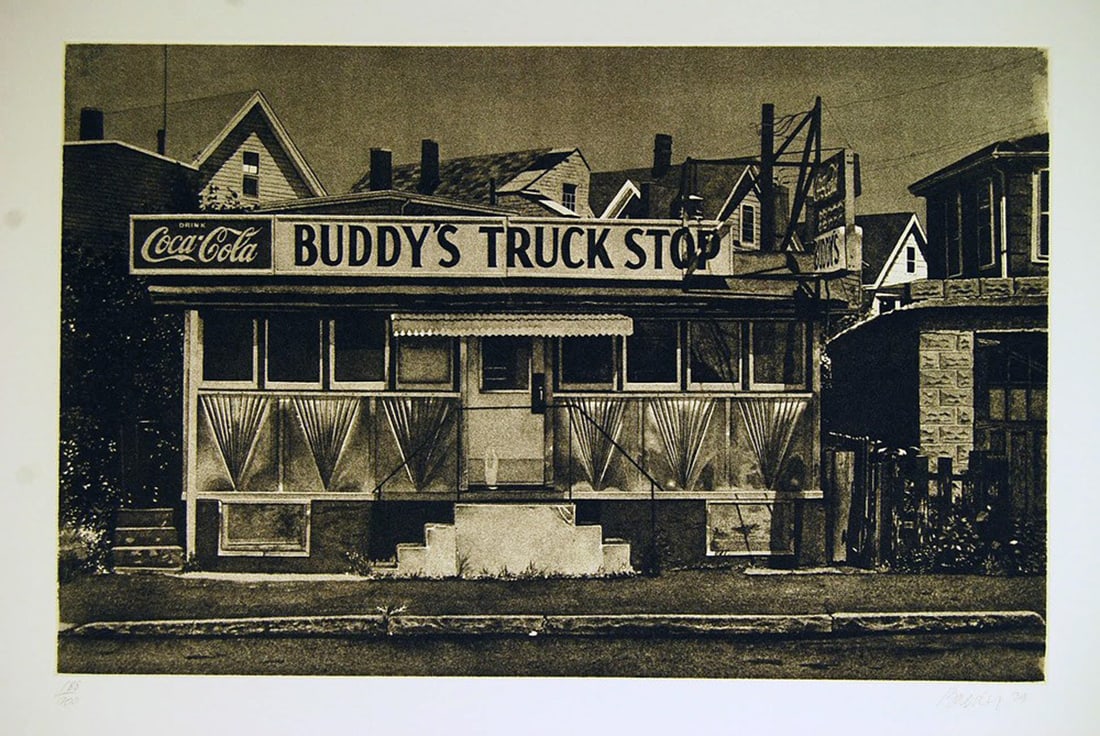 John Baeder - Buddy's Truckstop: Artist: John Baeder Title: Buddy's Truckstop Year: 1979 Dimensions: 22in. by 30in. Edition: From the rare limited edition Medium: Original lithograph on paper Condition: Mint Signature Details: Hand