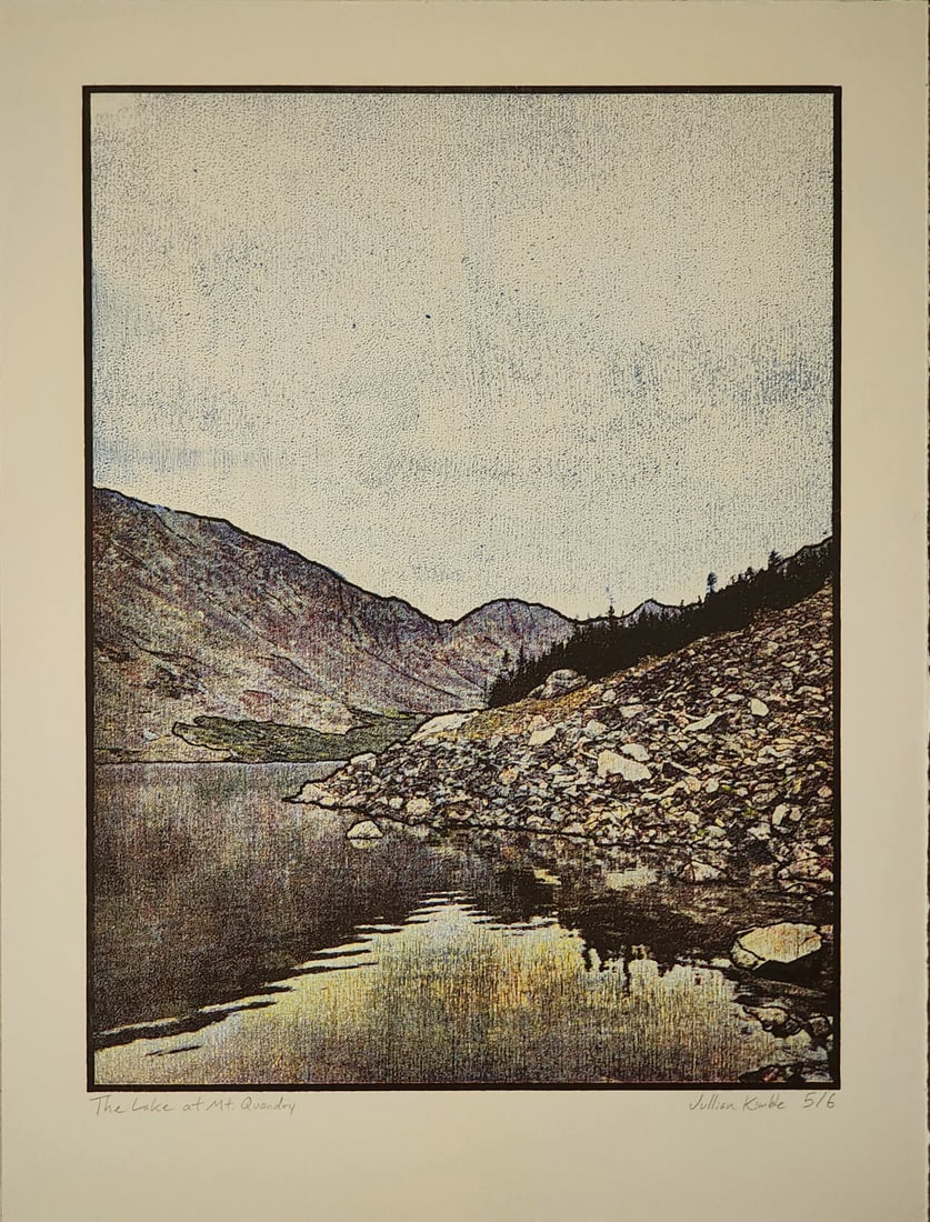 Julien Kimble - The Lake at Mt, Quandry: Artist: Julien Kimble Title: The Lake at Mt, Quandry Year: 2022 Dimensions: 13 3/4 x 18 1/4 in. Edition: Unique work of Art Medium: CMKY Woodblock print on paper Condition: Excellent Comes with