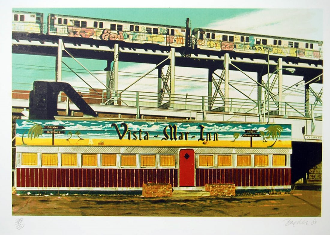 John Baeder - Vista-Mar Inn: Artist: John Baeder Title: Vista-Mar Inn Year: 1980 Dimensions: 22in. by 30in. Edition: From the rare limited edition Medium: Original serigraph on Somerset paper Condition: Mint Signature Details: