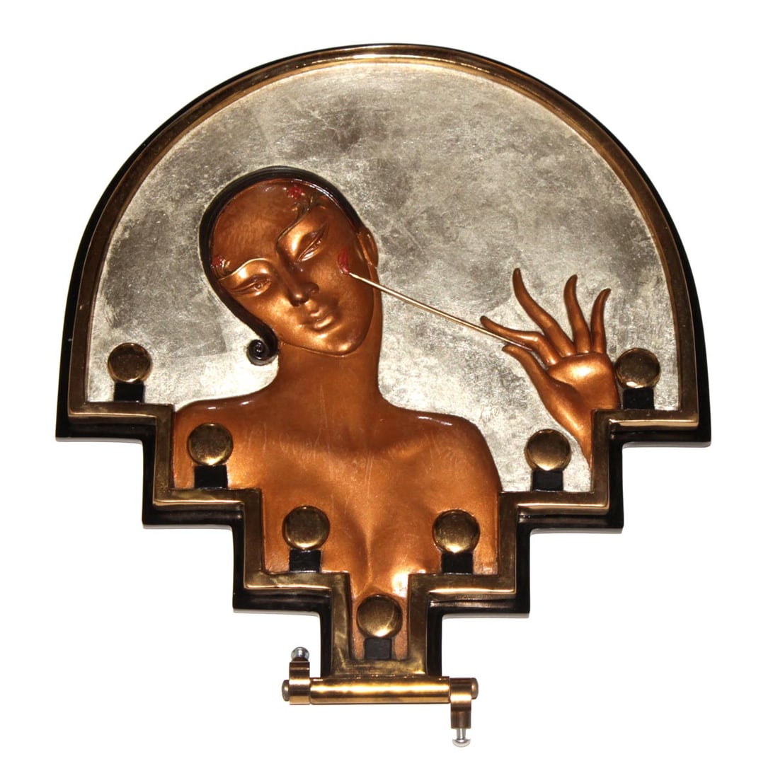 Erte - Vanity Bas-relief Bronze Table Mirror: Artist: Erte Title: Vanity Bas-relief Bronze Table Mirror Year: 1987 Dimensions: 13.5in. by 12.5in. Edition: 123 from the limited edition of 250 Publisher: RK Parker
