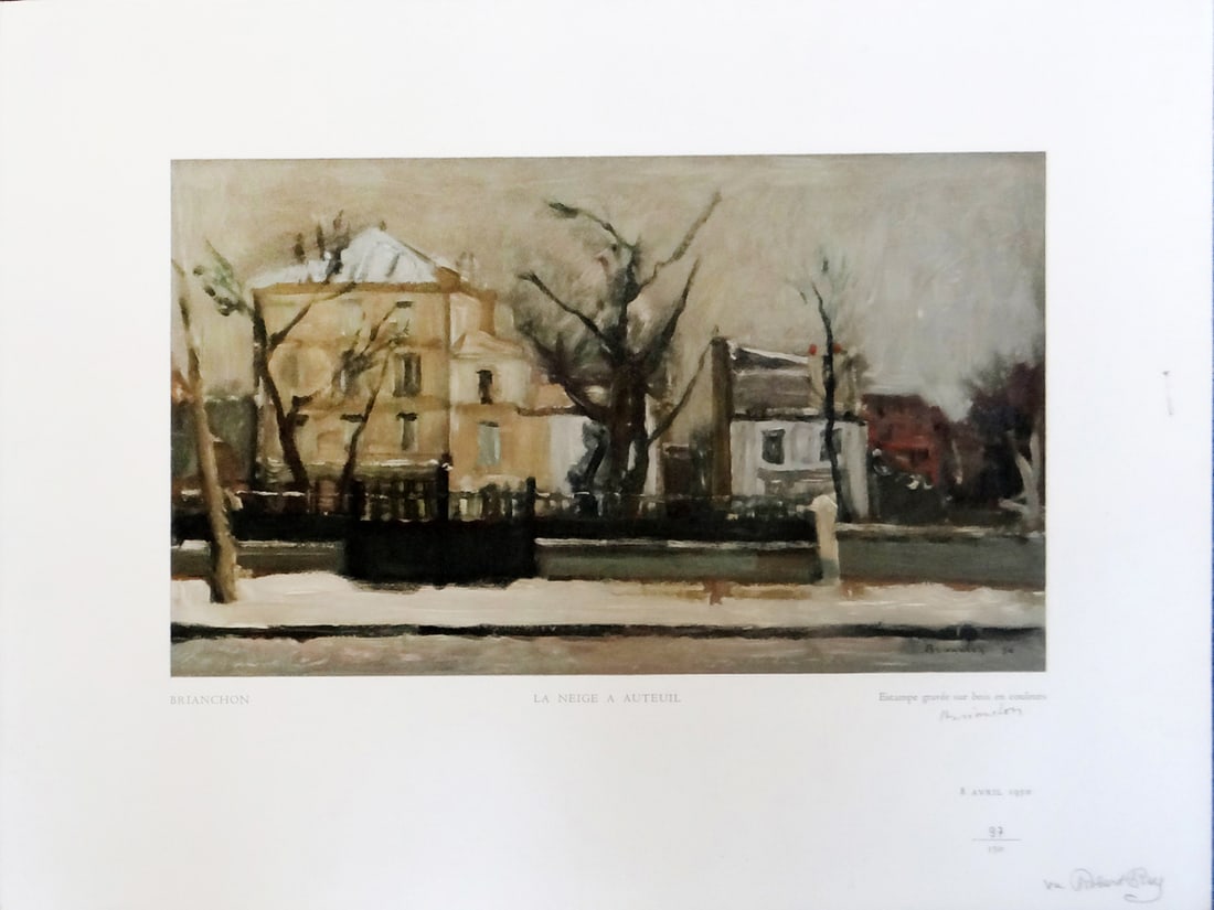 Maurice Brianchon "La Neige a Auteuil": Artist: Maurice Brianchon Title: La Neige a Auteuil Year: 1950 Portfolio: Estampes Medium: Original wood engraving in color on wove paper Edition: From the rare limited edition of 150 Publisher: