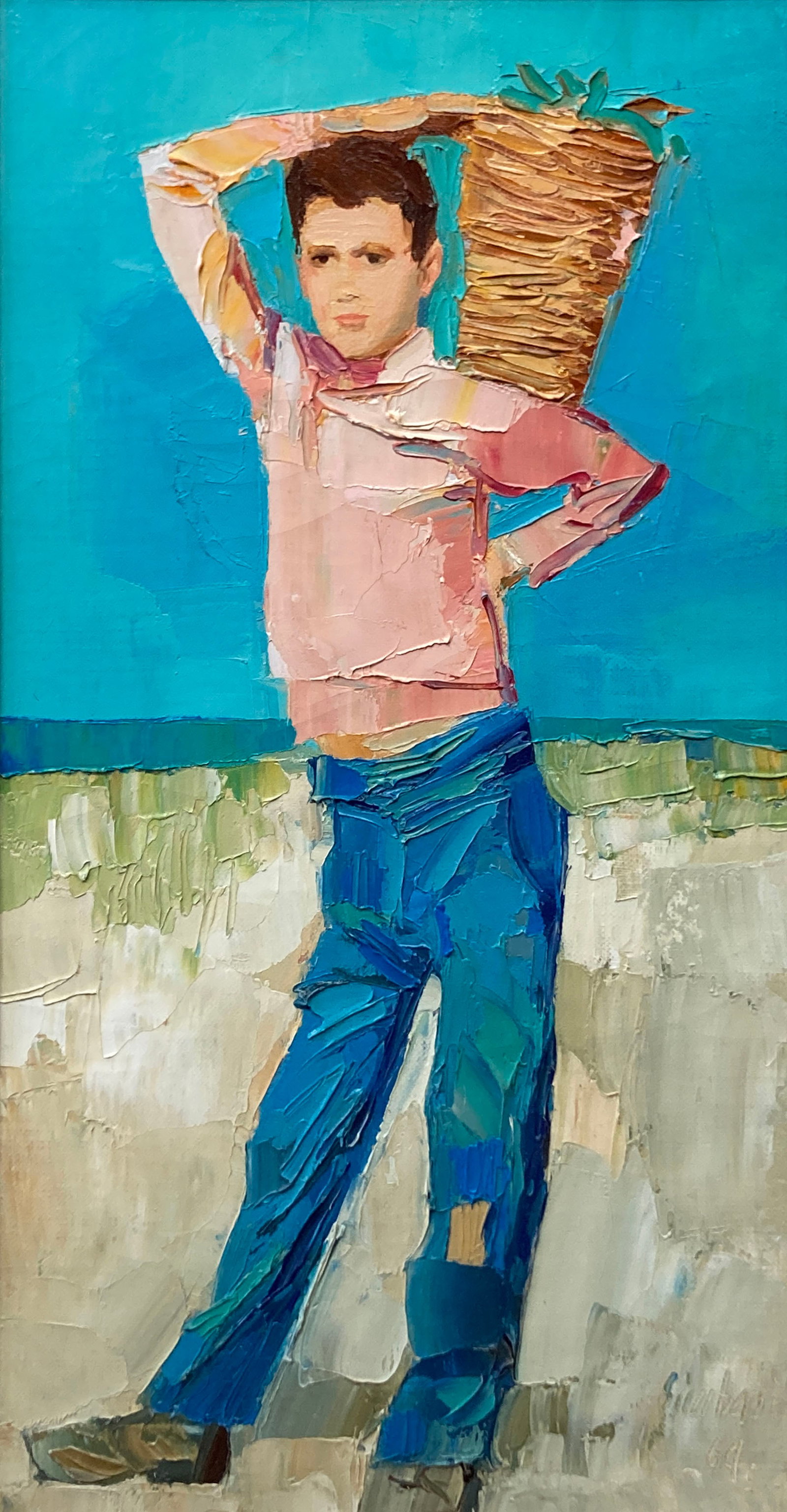 Nicola Simbari - Boy with a Basket: Artist: Nicola Simbari Title: Boy with a Basket Year: 1969 Dimensions: 22in. by 12in. Edition: Original One of a Kind Artwork Medium: Oil on canvas. Condition: Excellent Signature Details: Signed by