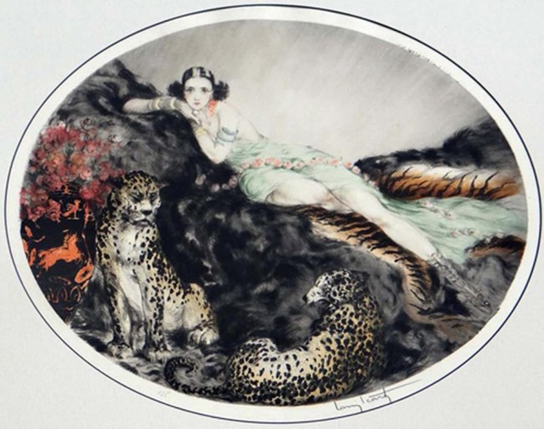 Louis Icart "Thais": Artist: Louis Icart Title: Thais Year: 1927 Medium: Original drypoint etching on paper with hand watercolor Edition: From the limited edition of approximately 250 Size: 18 7/8" x 11 1/8" Signatu