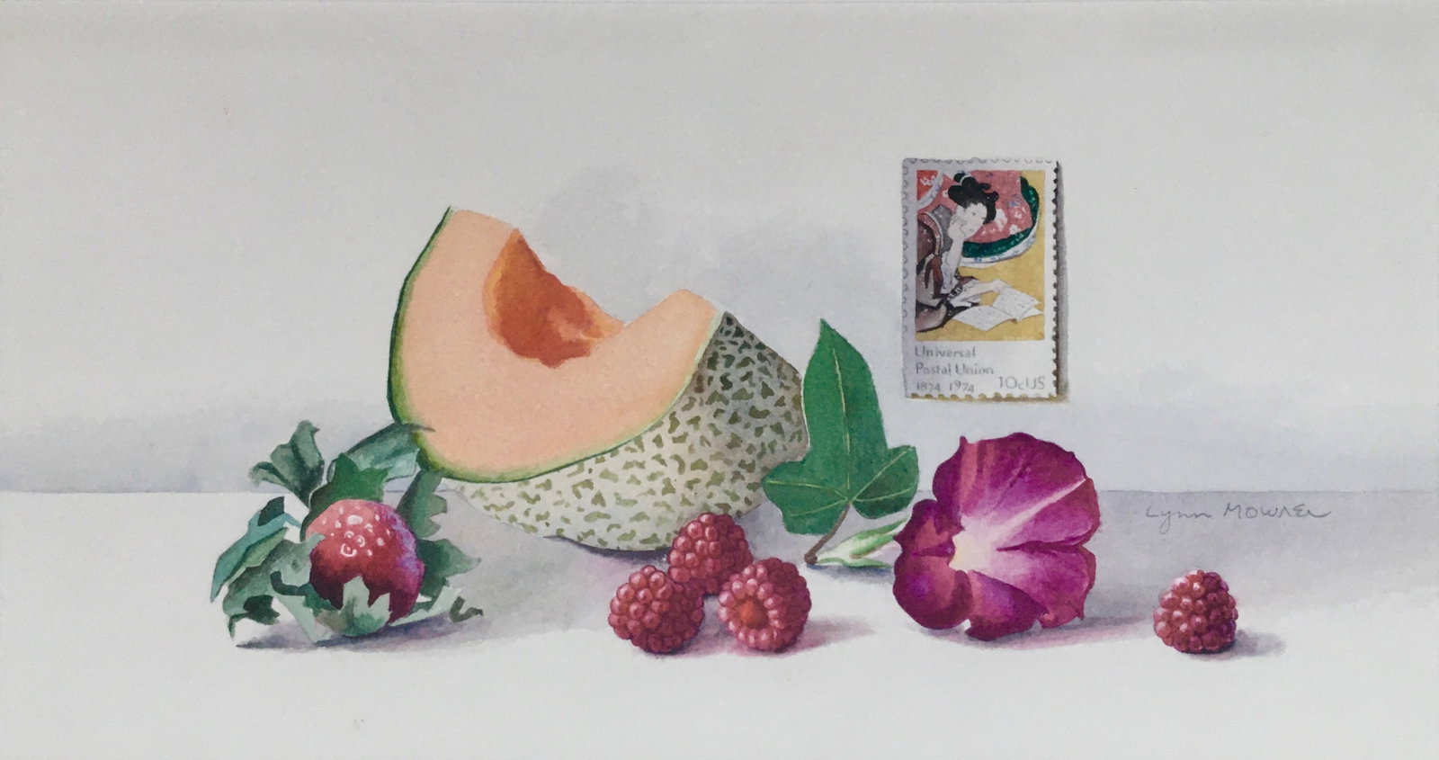 Lynn Mownen - Still Life Stamp: Artist: Lynn Mownen Title: Still Life Stamp Edition: Unique one of a kind artwork Medium: Original Watercolor on paper Condition: Excellent Signature Details: H