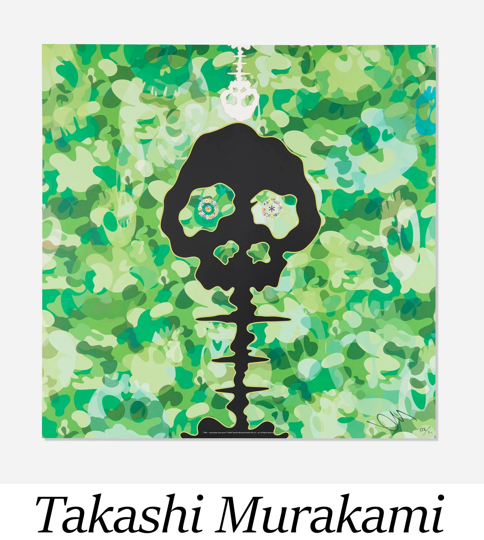 Takashi Murakami - TIME - camouflage moss green: Artist: Takashi Murakami Title: TIME - camouflage moss green Year: 2009 Dimensions: 19 3/4 x 19 3/4 in. Edition: This work is number 152 from the edition of 300 Publisher: Kaikai Kiki Co., Ltd.,