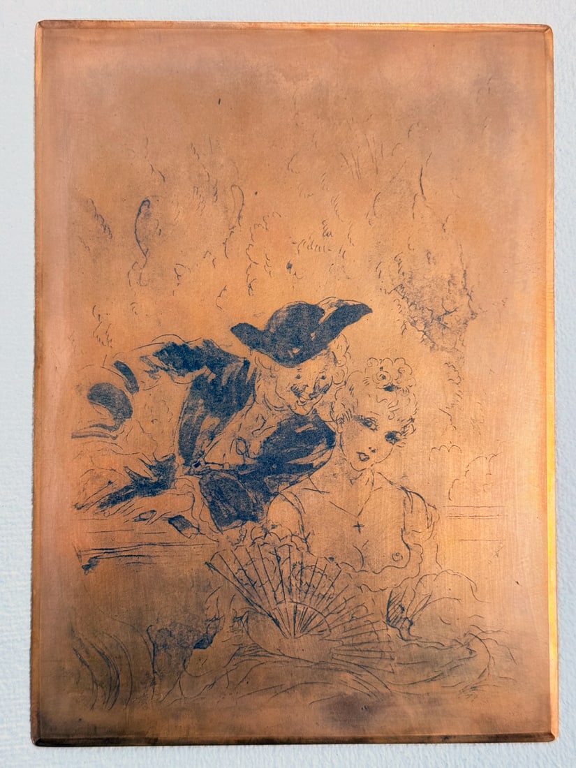 Louis Icart - Original Icart Printing Plate used for the making of ""Fixated"" etching from ""La: Artist: Louis Icart Title: Original Icart Printing Plate used for the making of ""Fixated"" etching from ""La Nuit et le Moment"" Year: 1946 Dimensions: 5 1/2 x 7 3/4 in. Edition:
