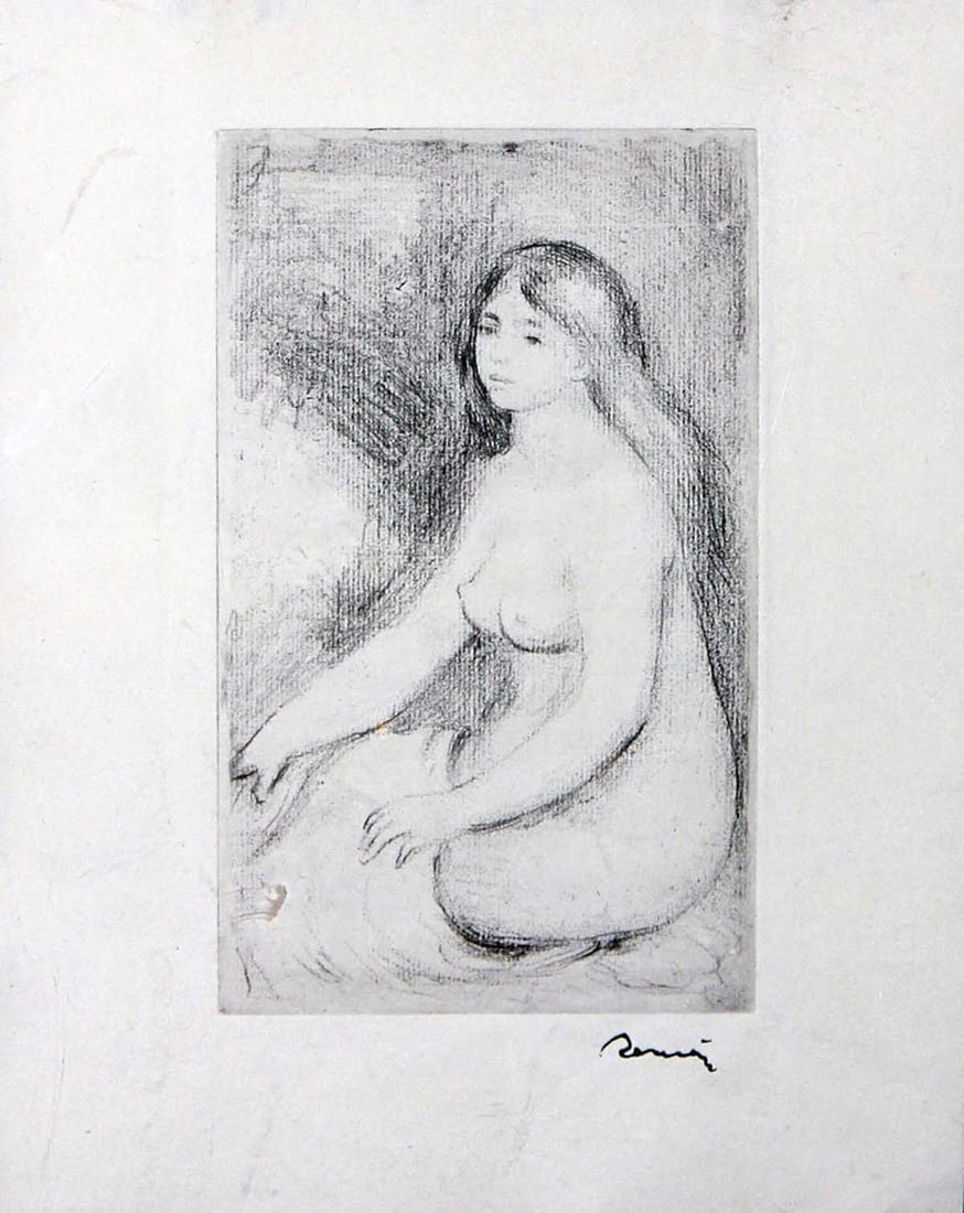 Pierre-August Renoir "Baigneuse Assise" 1919: Artist: Pierre-Auguste RenoirTitle: Baigneuse AssiseMedium: Original drypoint etching on wove paperEdition: From the limited editionSignature: Stamp signatureNotation: Delteil 11COA provided.