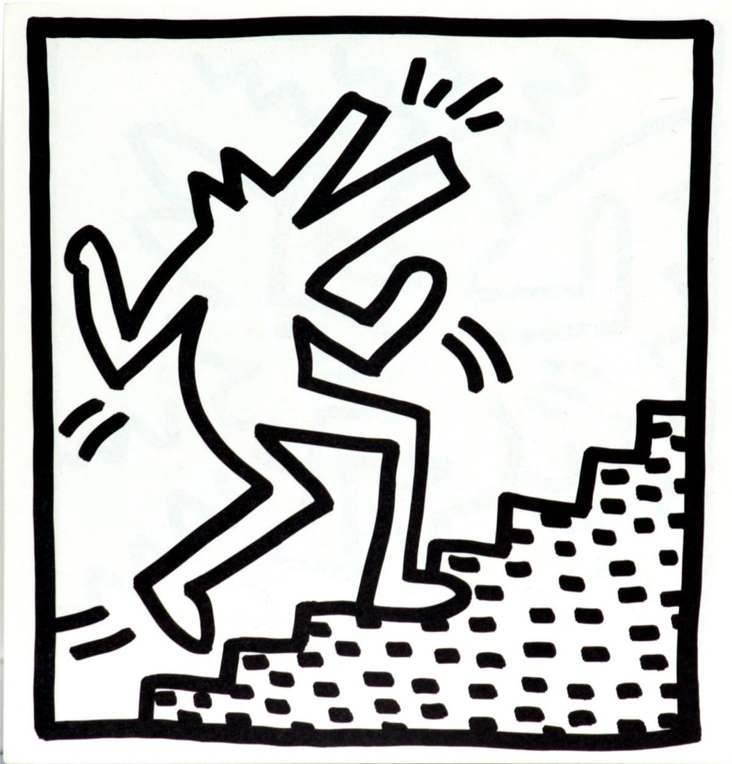 Keith Haring - Untitled (Up the Steps): Artist: Keith Haring Title: Untitled (Up the Steps) Year: 1982 Dimensions: 9in. by 9in. Edition: From the limited edition of 2000 Publisher: Tony Shafrazi Gallery New York<
