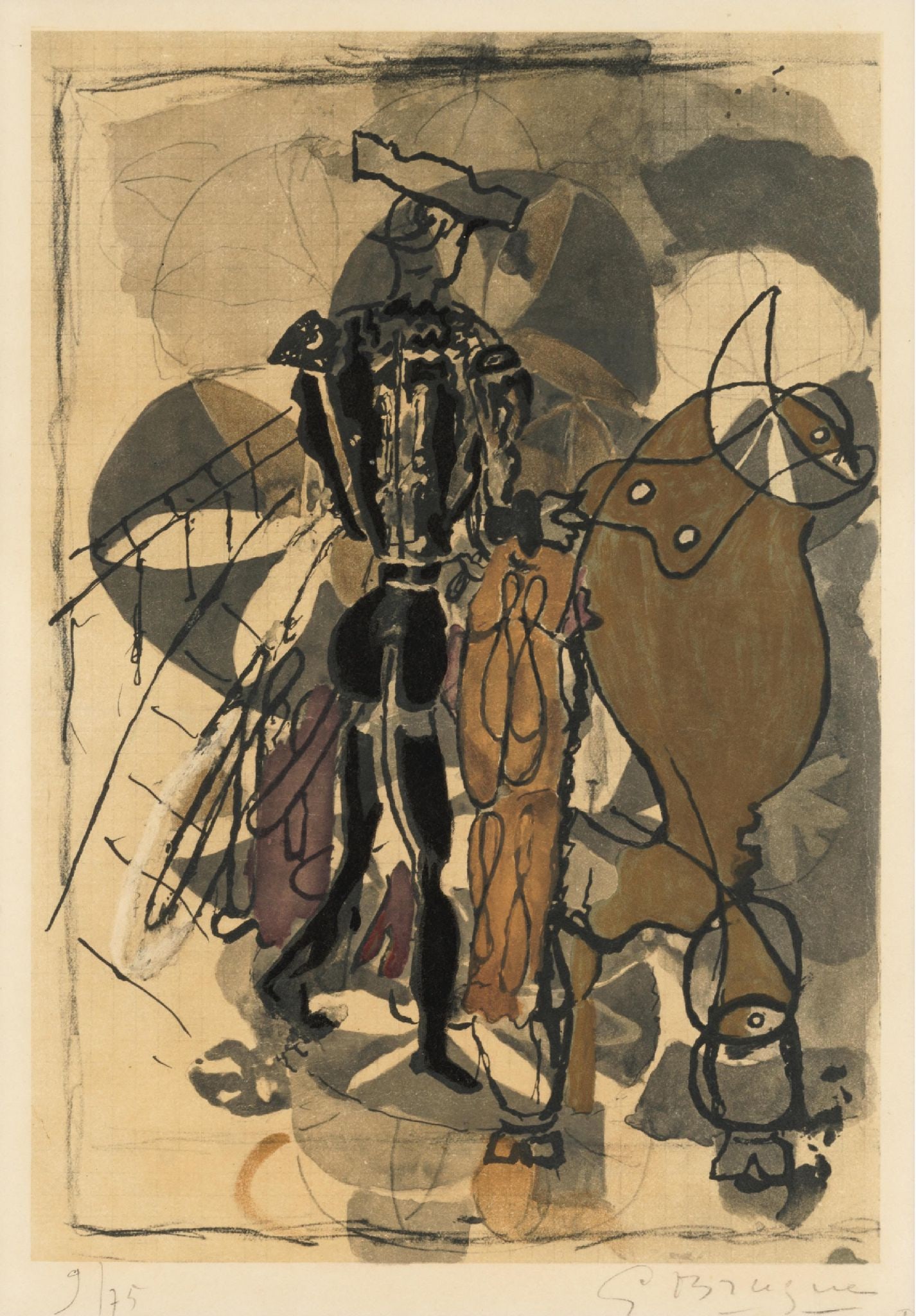 Georges Braque - Torero: Artist: Georges Braque Title: Torero Year: 1960 Dimensions: 14 x 11 in. Edition: 9 from the limited edition of 75 Medium: Collotype in colors on wove paper Condition: Excellent Signature Details: