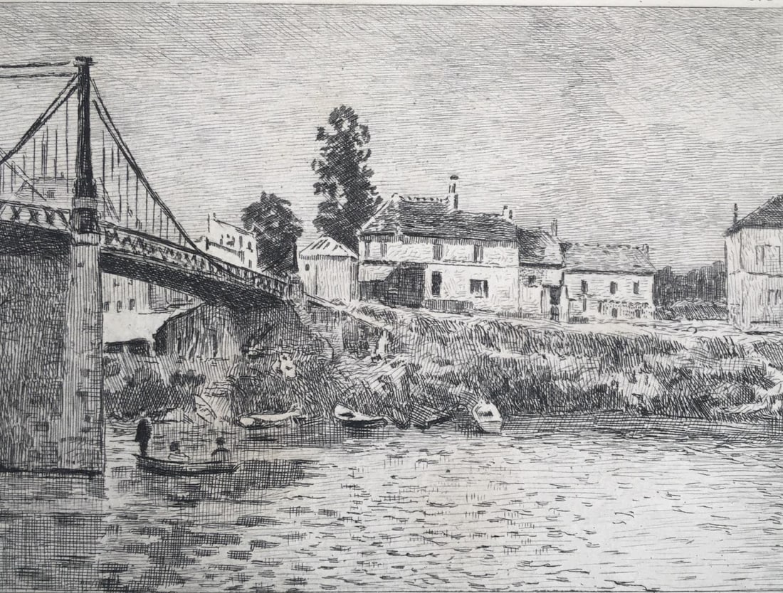 Alfred Sisley - Pont de Villeneuve-La-Garenne: Artist: Alfred Sisley Title: Pont de Villeneuve-La-Garenne Year: 1873 Dimensions: 5in. by 3 3/4in. Edition: From the rare limited edition Publisher: Paris Maisons Durand-Ruel Suite: Recueil Gravees a