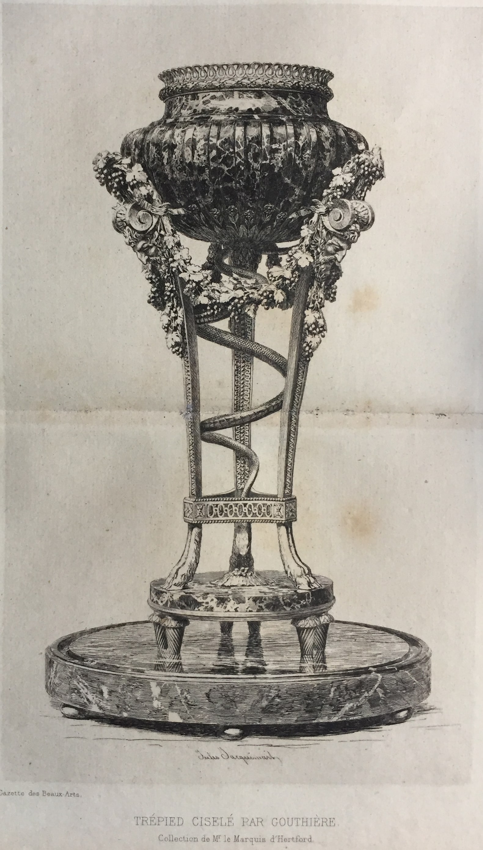 Jules Ferdinand Jacquemart - A Tripod: Artist: Jules Ferdinand Jacquemart Title: A Tripod Year: 1868 Dimensions: 6 5/8 x 9 7/8 in. Edition: From the Rare Limted Edition Publisher: MacMillan and Co. Suite: Etching and Etchers Medium: