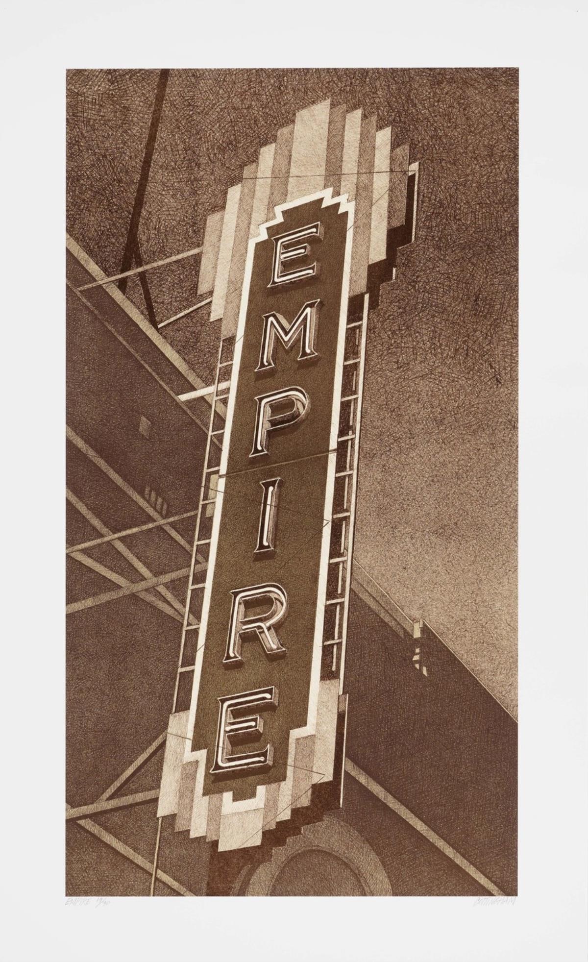 Robert Cunningham - Empire (Vertical): Artist: Robert Cunningham Title: Empire (Vertical) Dimensions: 38 1/2in. by 28 3/8in. Edition: Numbered from the Rare Limited Edition Publisher: Tandem Press Medium: Lithograph and Chine Colle on