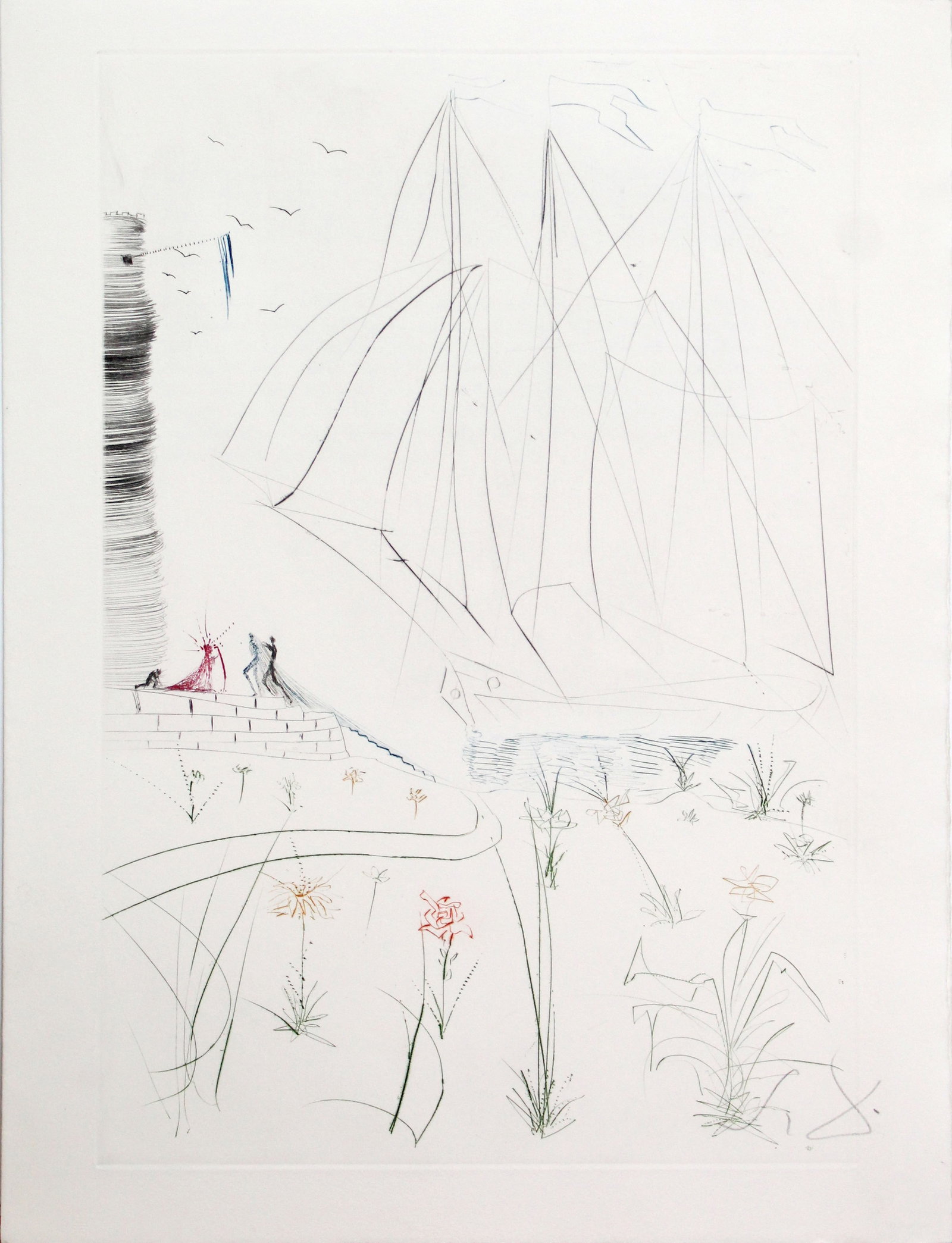 Salvador Dali - The Arrival of Iseult: Artist: Salvador Dali Title: The Arrival of Iseult Year: 1969 Dimensions: 12 3/4 x 17 5/8 in. Edition: From the limited edition of 115 Suite: Tristan and Isolde Medium: Original color drypoint