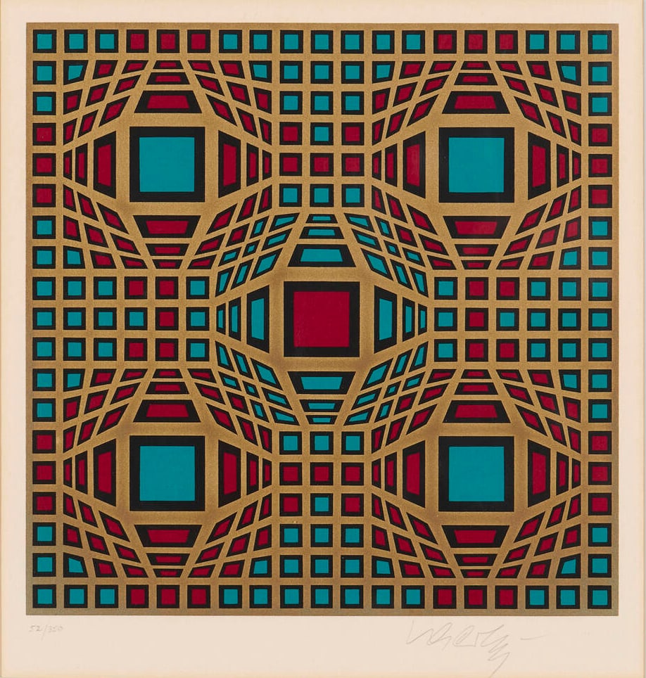 Victor Vasarely - Untitled: Artist: Victor Vasarely Title: Untitled Dimensions: 8 1/2 x 8 1/2 in. Edition: 52 from the limited edition of 350 Medium: Screenprint in colors Condition: Excellent Signature Details: Hand signed