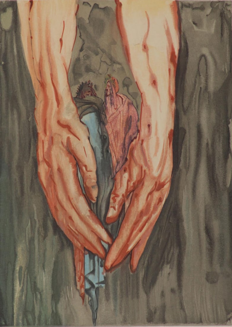 Salvador Dali - In the Hands of Anteus: Artist: Salvador Dali Title: In the Hands of Anteus Year: 1964 Dimensions: 13in. by 10.25in. Edition: A rare unique one-of-a-kind work of artwork Publisher: Les Heures Claires Suite: The Divine