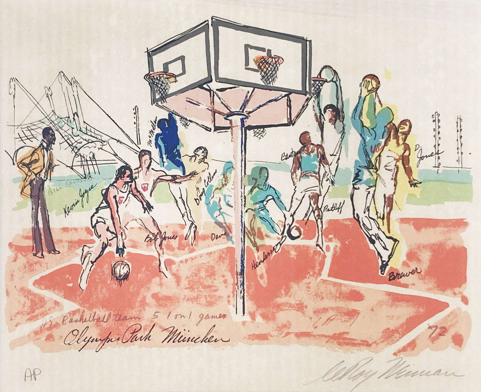 Leroy Neiman - US Basketball Team: Artist: Leroy Neiman Title: US Basketball Team Year: 1972 Dimensions: 18 x 22 in. Edition: From the Rare Limited AP Edition Suite: Munich Medium: Serigraph in Colors Condition: Excellent Signature