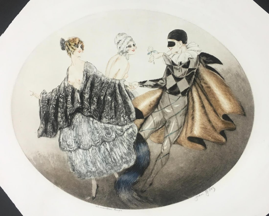 Jean Gilles (In the Style of Louis Icart) - Le Manteau Rouge: Artist: Jean Gilles (In the Style of Louis Icart) Title: Le Manteau Rouge Year: 1930 Dimensions: 15 1/2in. by 19 1/4in. Edition: From the Rare Limited Edition Medium: Etching and Aquatint with Hand