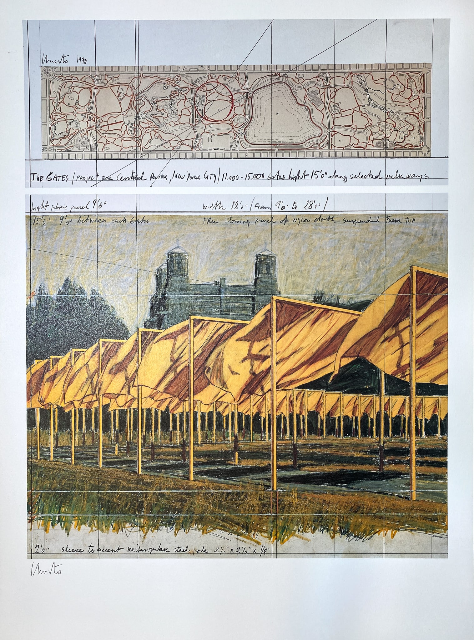 Christo - The Gates, Project for Central Park (III): Artist: Christo Title: The Gates, Project for Central Park (III) Year: 1990 Dimensions: 39 1/2 x 275 in. Edition: From the Rare Limited Edition Publisher: Nouvelles Images Medium: Offset Lithograph