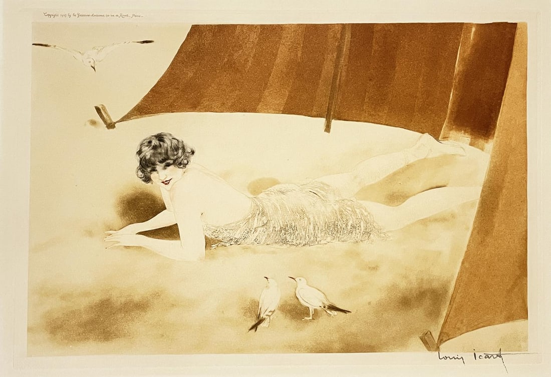 Louis Icart - On the Beach: Artist: Louis Icart Title: On the Beach Year: 1925 Dimensions: 20 1/2in. by 16in. Edition: From the rare limited edition Medium: Original etching with aquatint