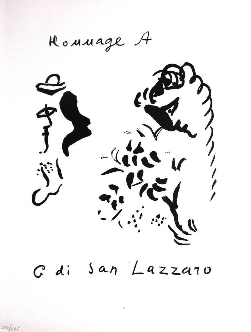 Marc Chagall - Homage A G di San Lazzaro: Artist: Marc Chagall Title: Homage A G di San Lazzaro Year: 1975 Dimensions: 14in. by 10in. Edition: 286 from the rare limited edition 585 Publisher: Editions XXe Siecle Paris France Suite: San