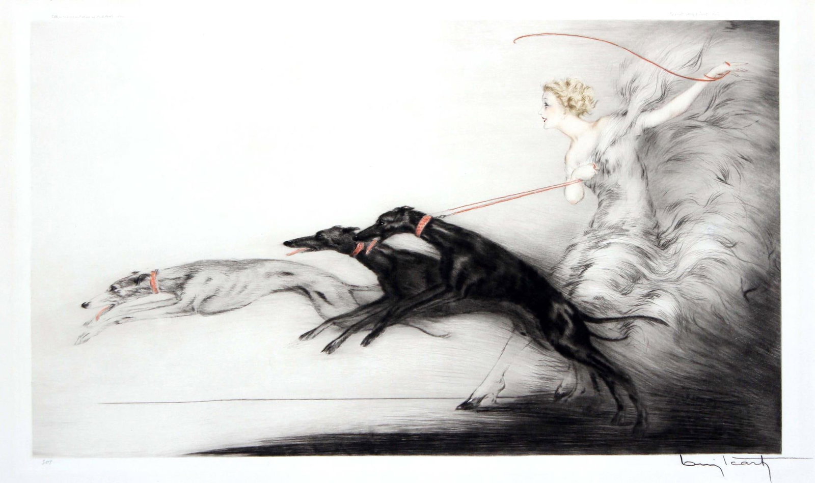 Louis Icart - Speed I: Artist: Louis Icart Title: Speed I Year: 1933 Dimensions: 15in. by 24.75in. Edition: From the rare limited edition Medium: Original drypoint etching with hand coloring on p