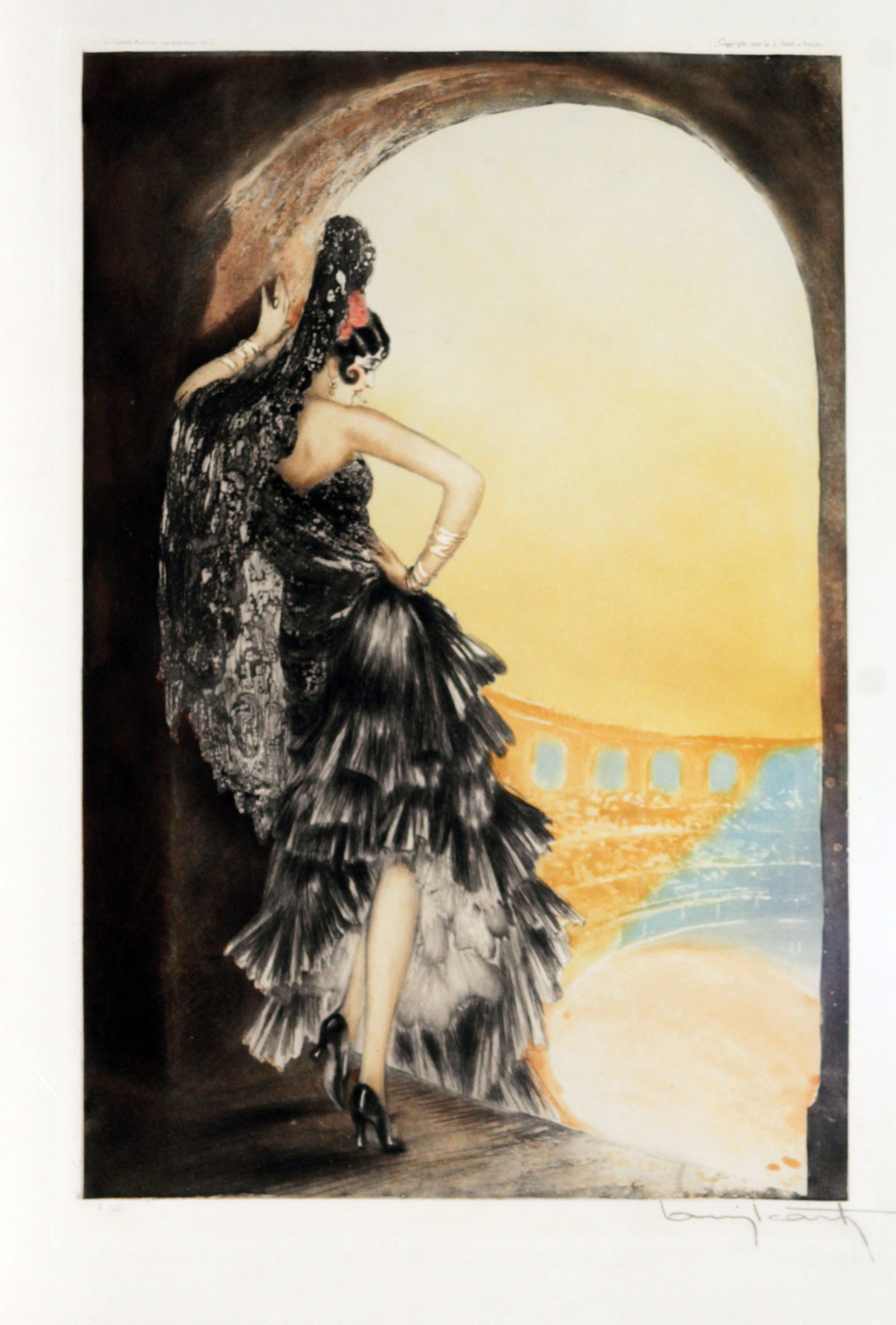Louis Icart - Seville: Artist: Louis Icart Title: Seville Year: 1928 Dimensions: 19 7/8in. by 13 1/4in. Edition: From the rare limited edition Publisher: Les Graveurs Modernes Medium: Original etching with hand